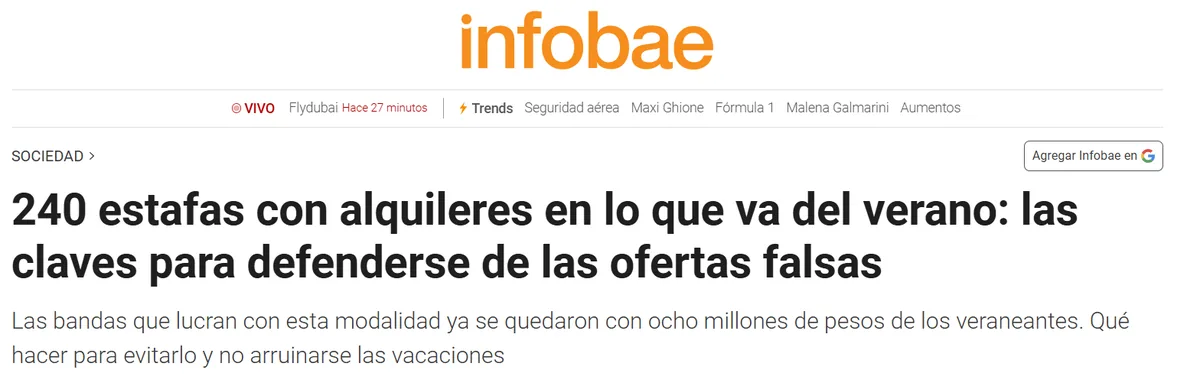 Captura de la nota de Infobae: 240 estafas con alquileres en lo que va del verano: las claves para defenderse de las ofertas falsas