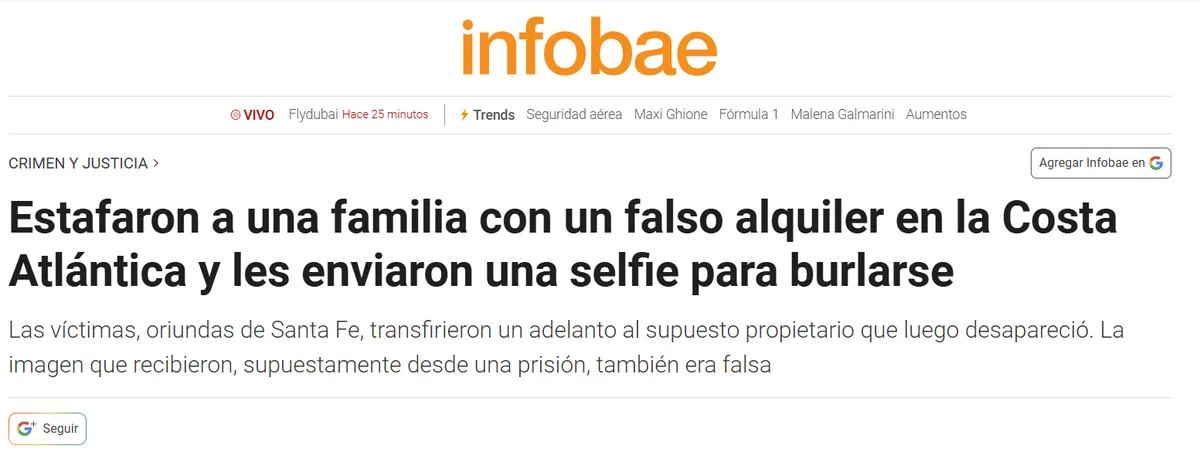 Captura de la nota de Infobae: Estafaron a una familia con un falso alquiler en la Costa Atlántica y les enviaron una selfie para burlarse