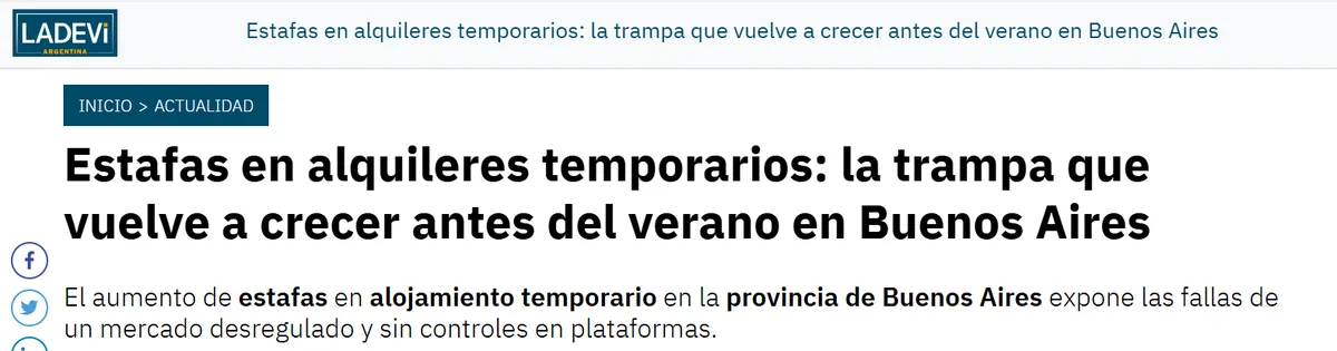 Captura de la nota de Ladevi: Estafas en alquileres temporarios: la trampa que vuelve a crecer antes del verano en Buenos Aires
