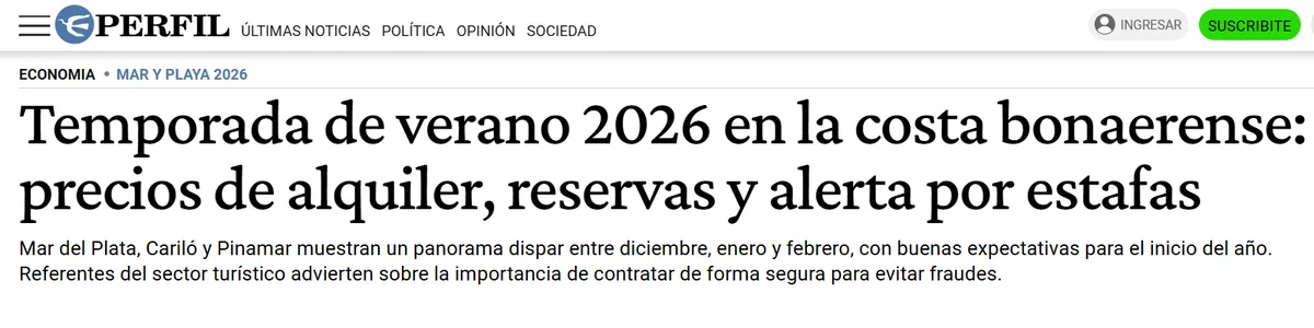 Captura de la nota de Perfil: Temporada de verano 2026 en la costa bonaerense: precios de alquiler, reservas y alerta por estafas