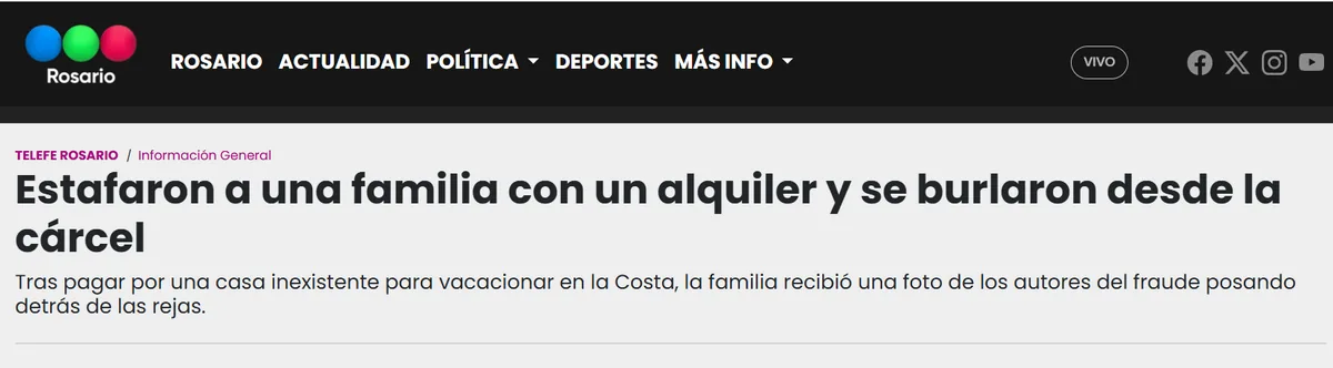 Captura de la nota de Telefe Rosario: Estafaron a una familia con un alquiler y se burlaron desde la cárcel